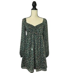 Altar'd State Dress Green Tan Floral Print Sheer Long Sleeve Sweetheart Size S